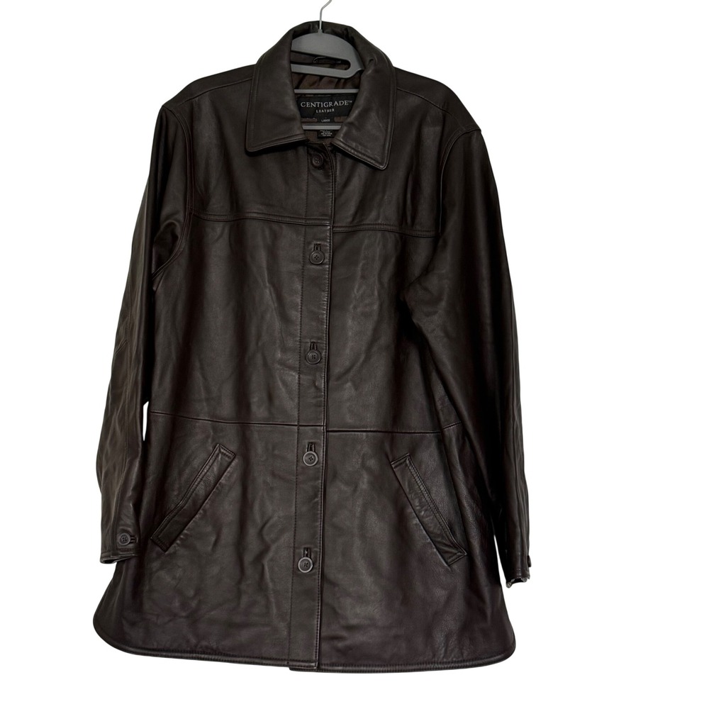 Centigrade Leather Car Coat Jacket Womens Large Dark Brown Button Front Trench